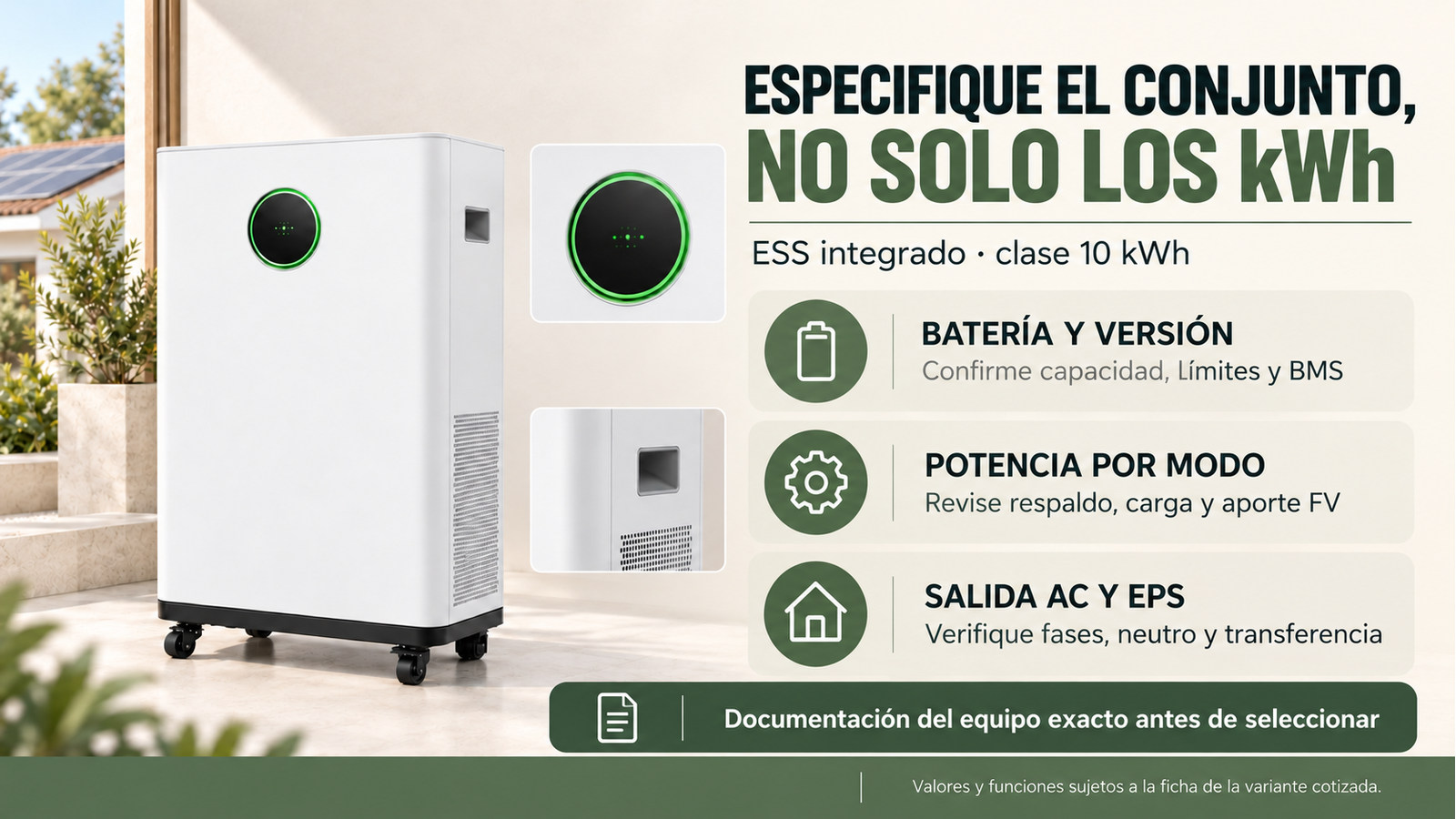 Aspectos de integración, versión y documentación de ESS integrado · clase 10 kWh