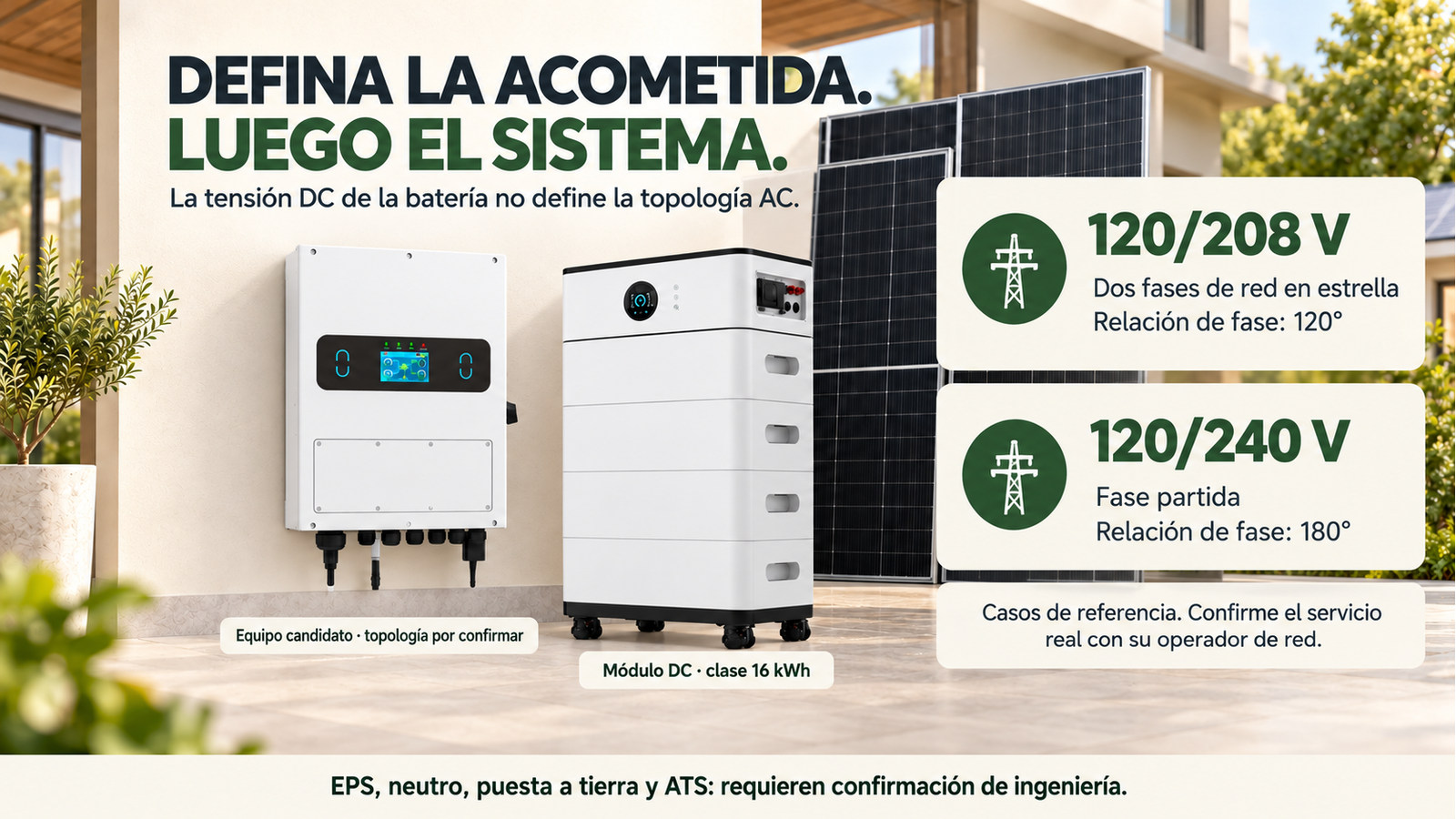 Distinción entre los casos 120/208 V de 120 grados y 120/240 V de 180 grados; equipo candidato sin compatibilidad confirmada