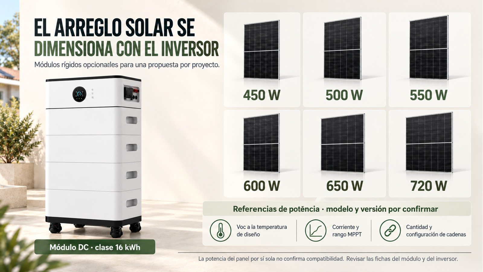 Potencias de módulos fotovoltaicos opcionales; selección sujeta a la ficha del inversor
