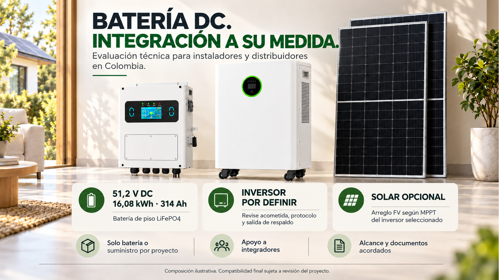 Opciones de suministro y evaluación técnica de Batería de piso · 16,08 kWh de referencia
