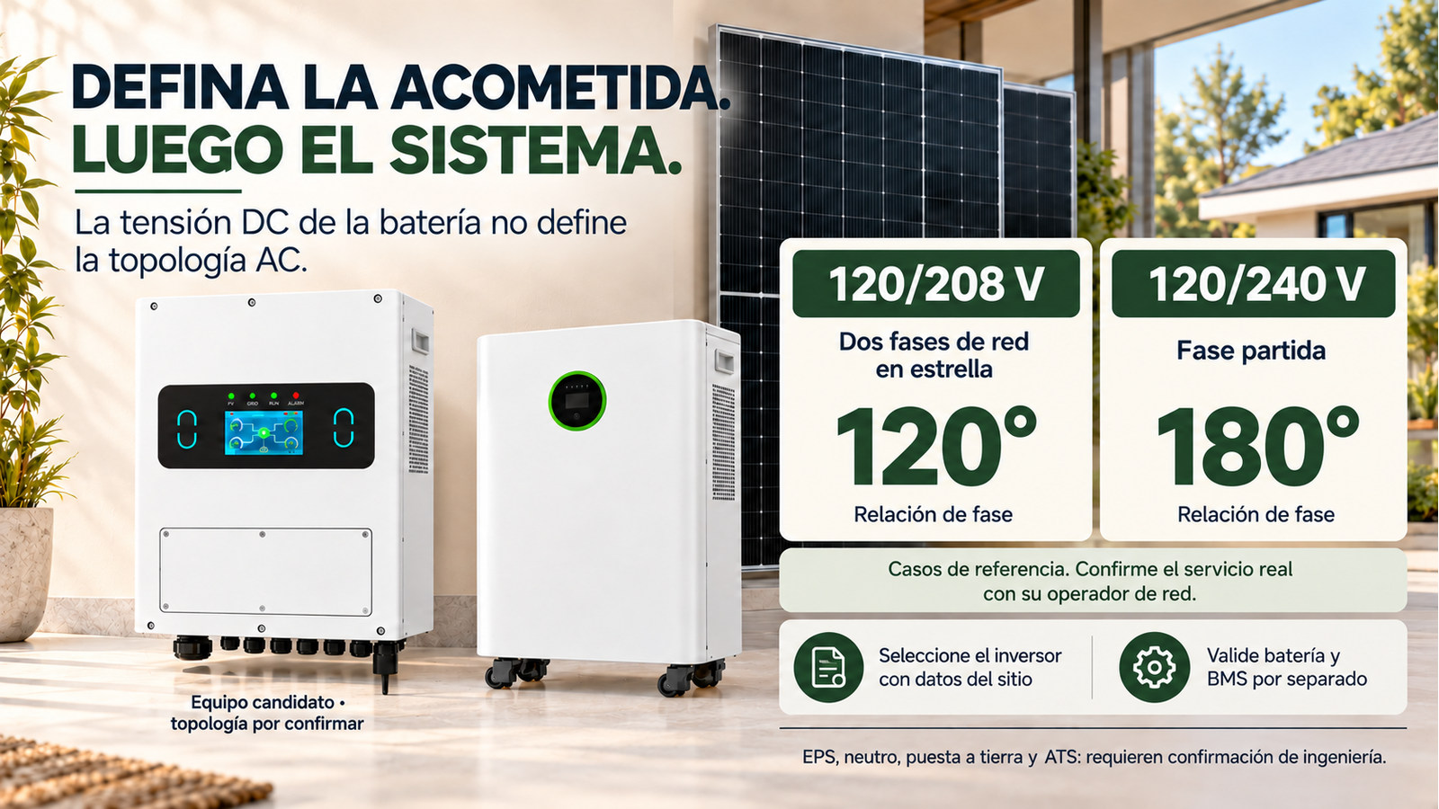 Distinción entre los casos 120/208 V de 120 grados y 120/240 V de 180 grados; equipo candidato sin compatibilidad confirmada