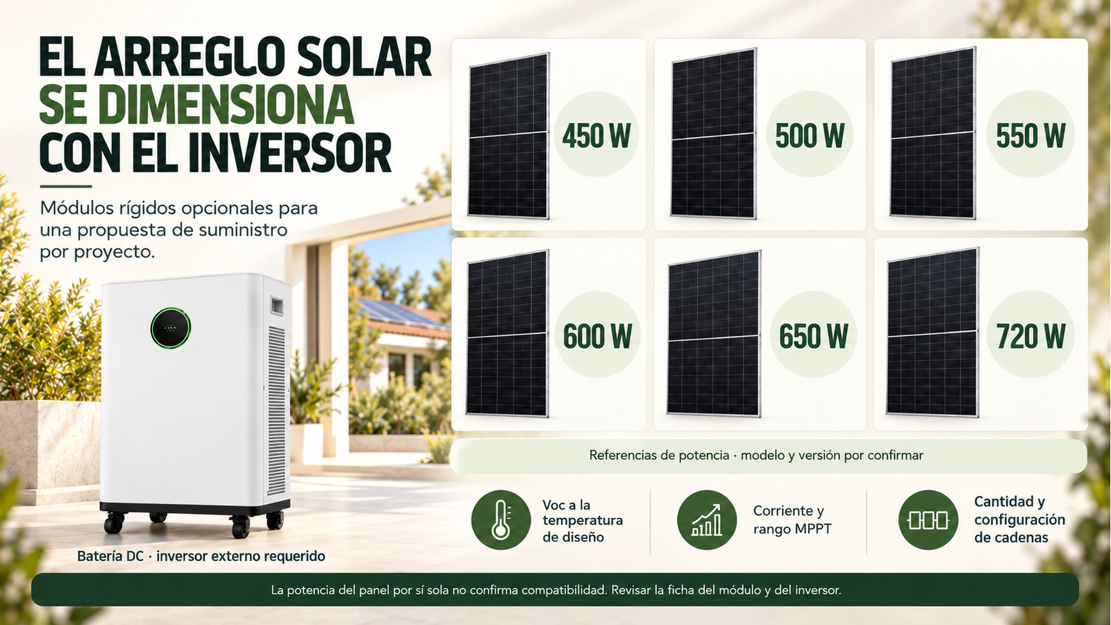 Potencias de módulos fotovoltaicos opcionales; selección sujeta a la ficha del inversor