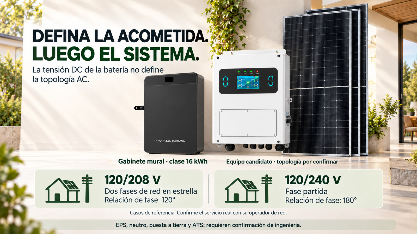 Distinción entre los casos 120/208 V de 120 grados y 120/240 V de 180 grados; equipo candidato sin compatibilidad confirmada