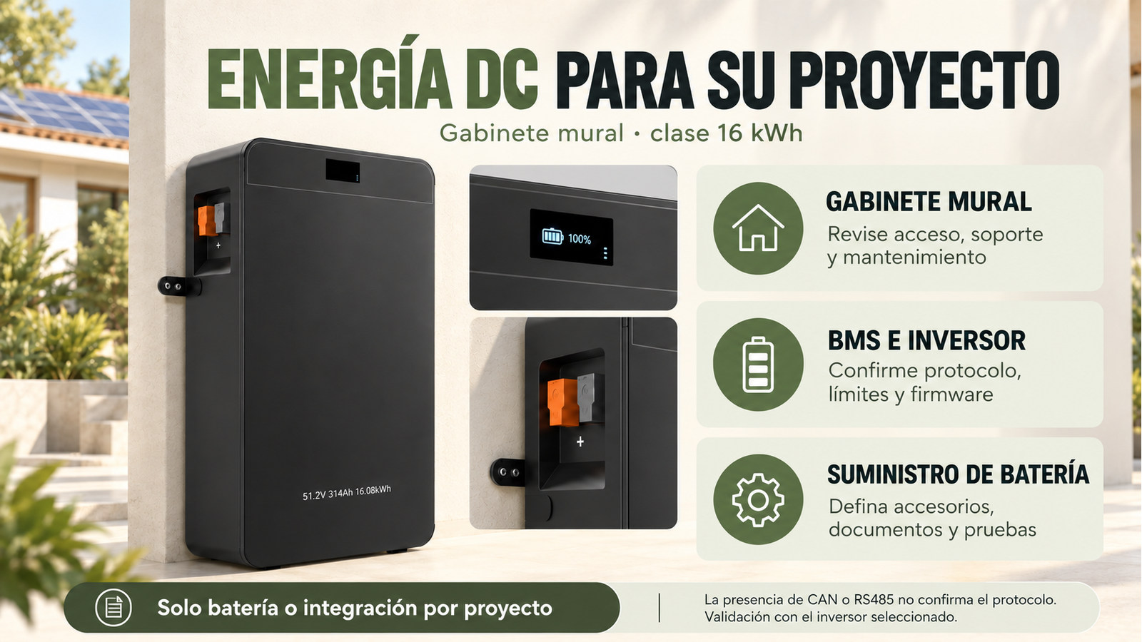 Aspectos de integración, versión y documentación de Gabinete mural · clase 16 kWh