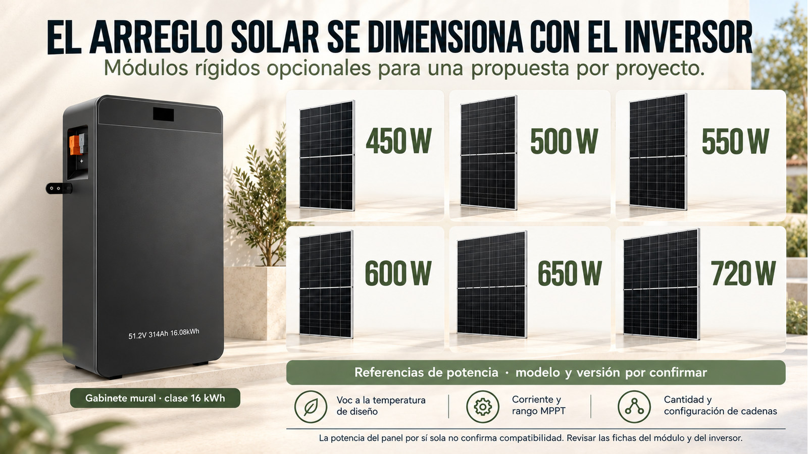 Potencias de módulos fotovoltaicos opcionales; selección sujeta a la ficha del inversor