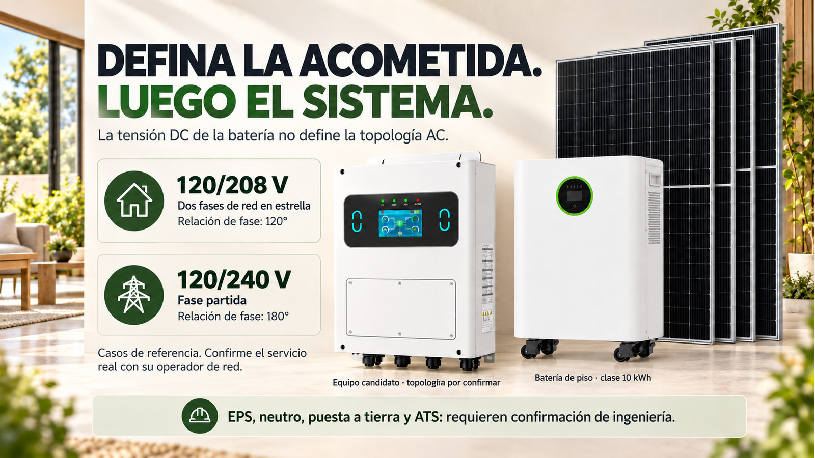 Distinción entre los casos 120/208 V de 120 grados y 120/240 V de 180 grados; equipo candidato sin compatibilidad confirmada