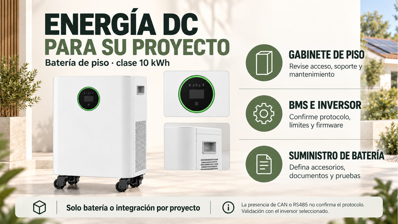 Aspectos de integración, versión y documentación de Batería de piso · clase 10 kWh