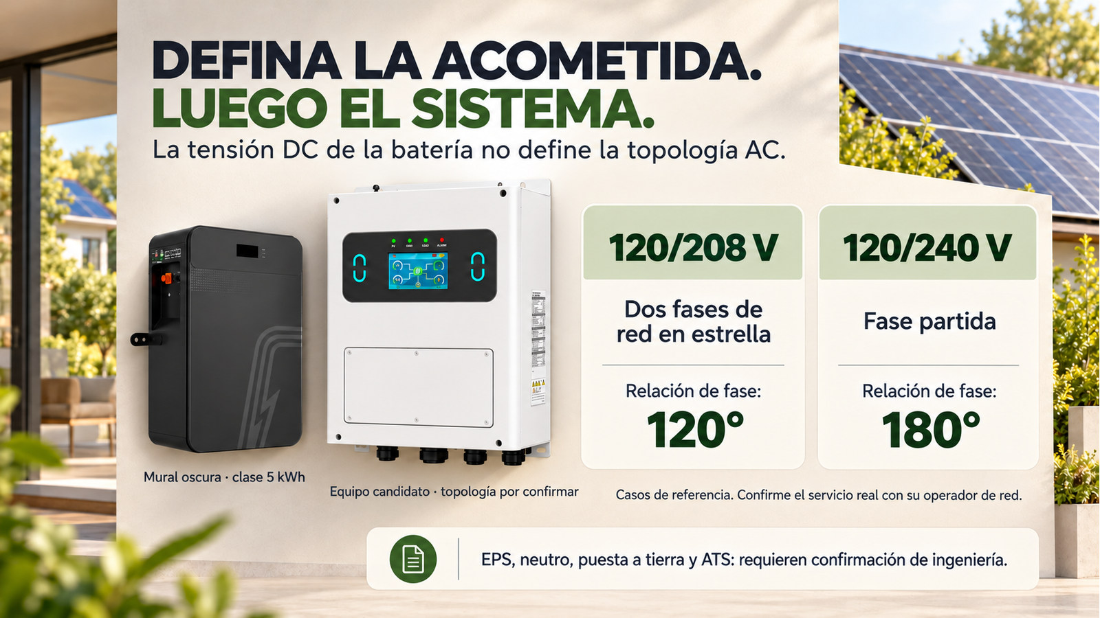 Distinción entre los casos 120/208 V de 120 grados y 120/240 V de 180 grados; equipo candidato sin compatibilidad confirmada