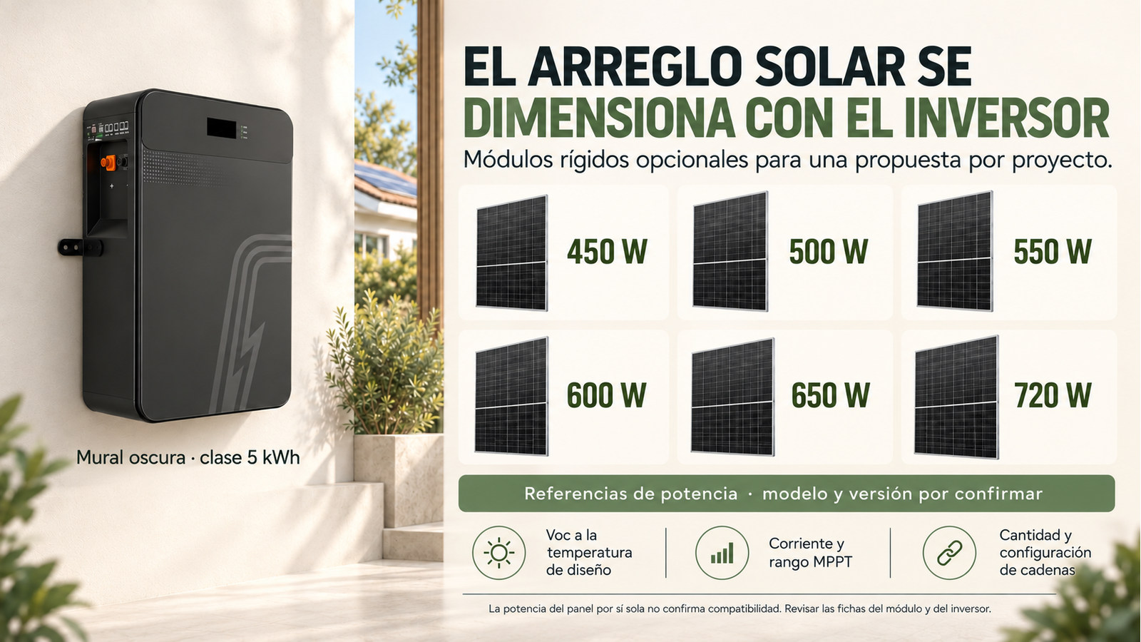 Potencias de módulos fotovoltaicos opcionales; selección sujeta a la ficha del inversor