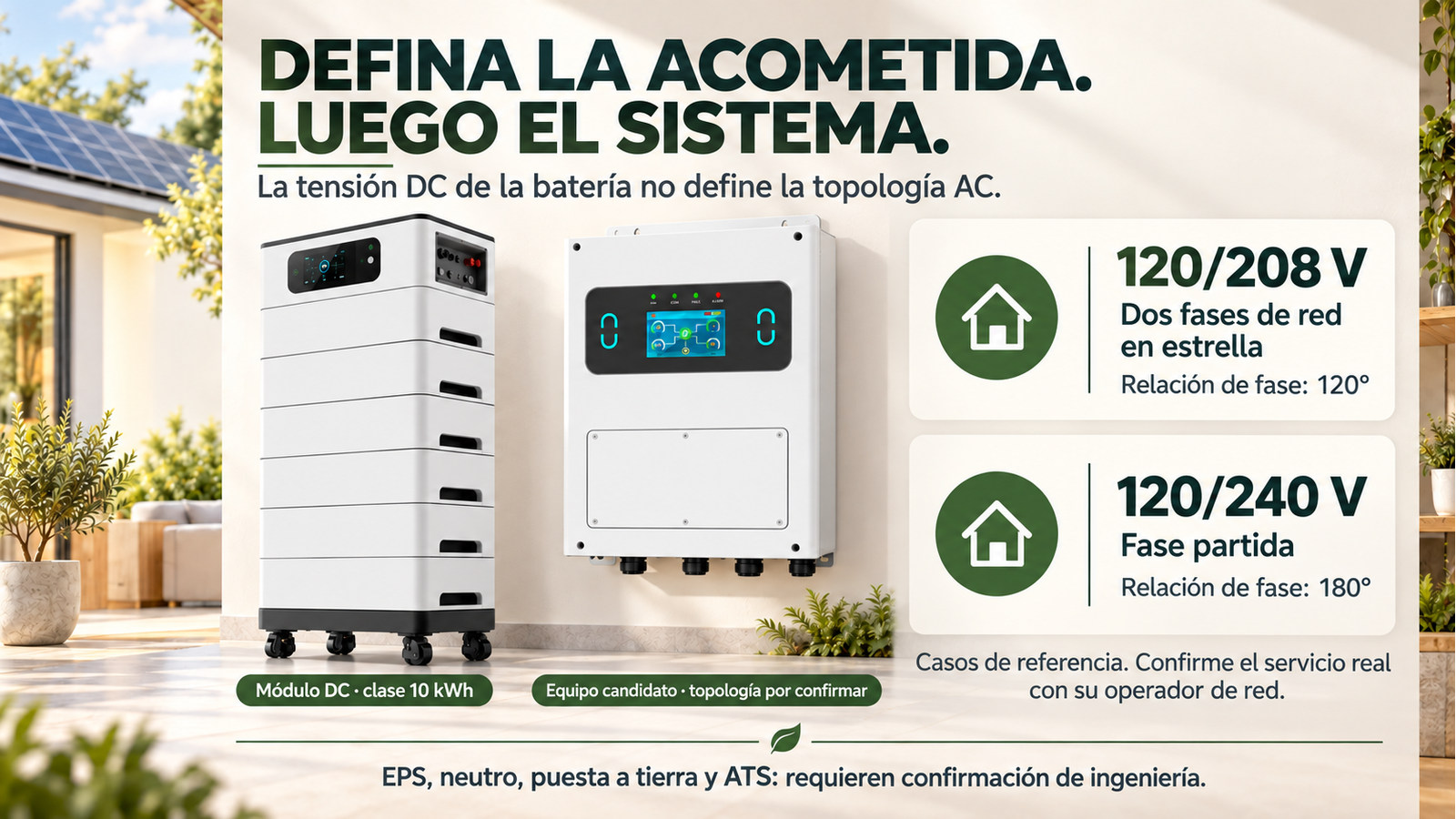 Distinción entre los casos 120/208 V de 120 grados y 120/240 V de 180 grados; equipo candidato sin compatibilidad confirmada