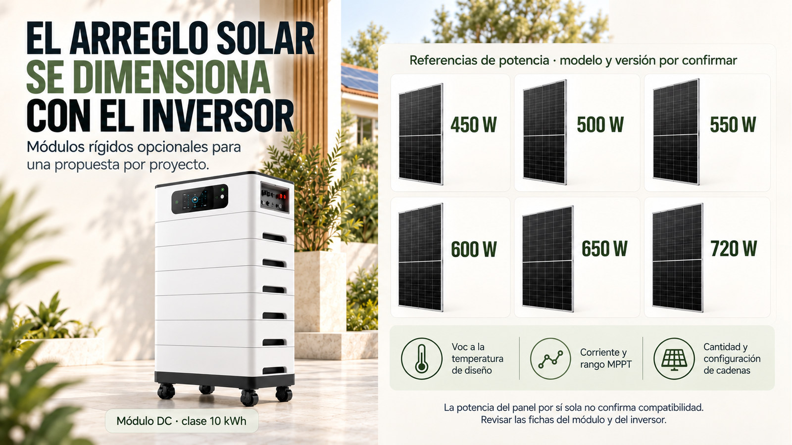 Potencias de módulos fotovoltaicos opcionales; selección sujeta a la ficha del inversor