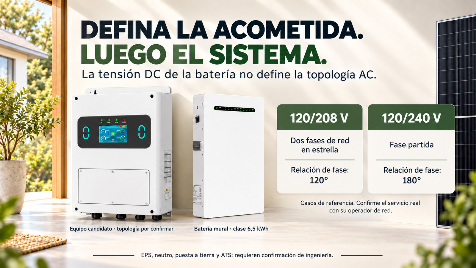 Distinción entre los casos 120/208 V de 120 grados y 120/240 V de 180 grados; equipo candidato sin compatibilidad confirmada