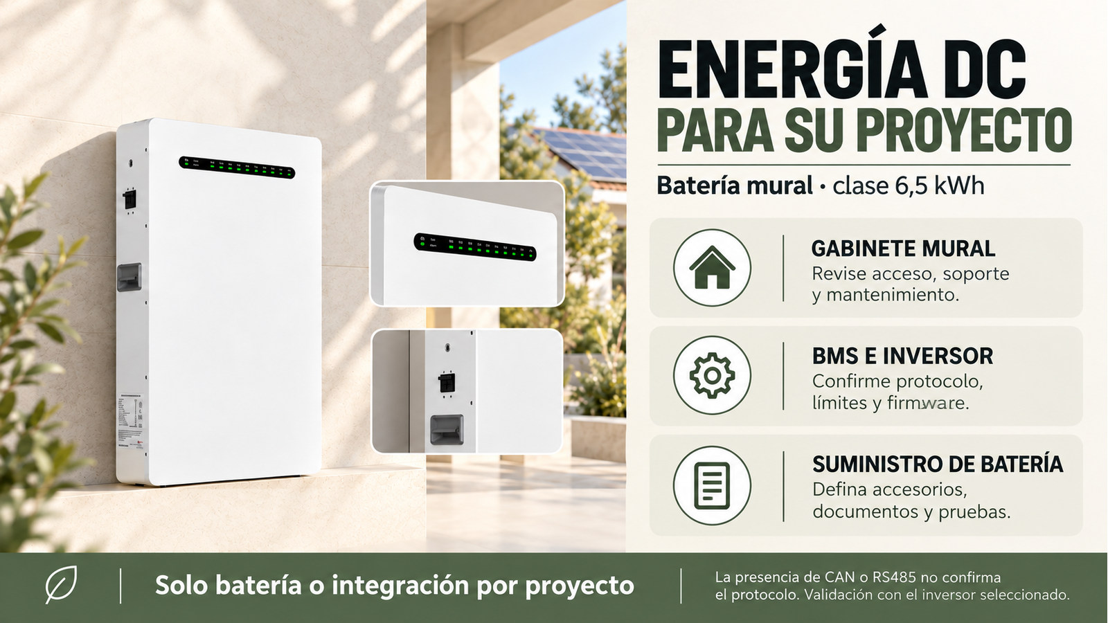 Aspectos de integración, versión y documentación de Batería mural · clase 6,5 kWh