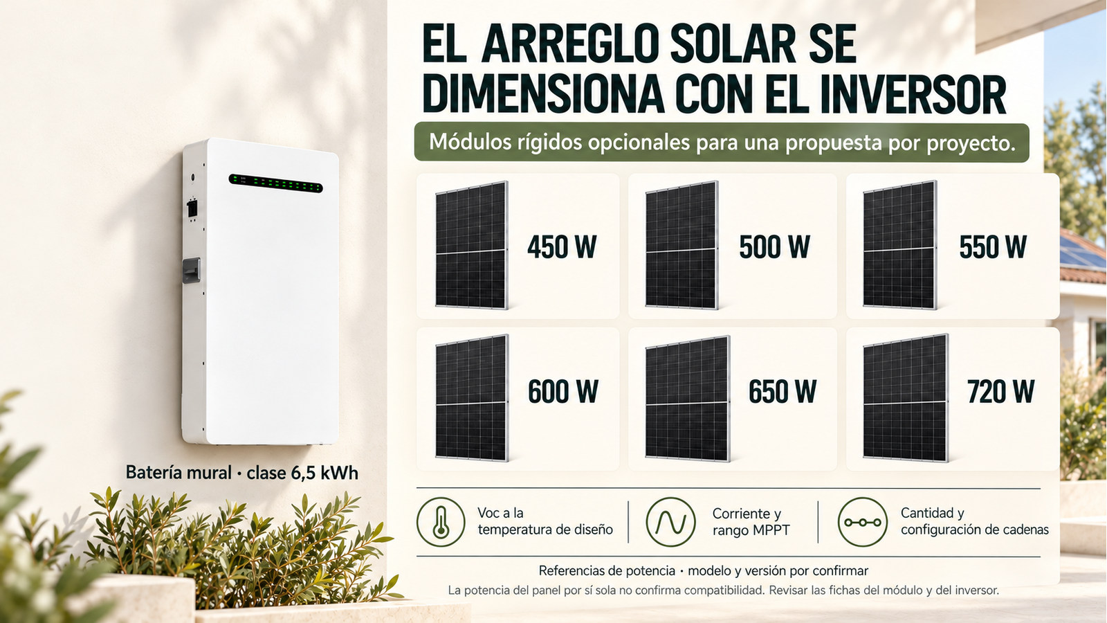 Potencias de módulos fotovoltaicos opcionales; selección sujeta a la ficha del inversor