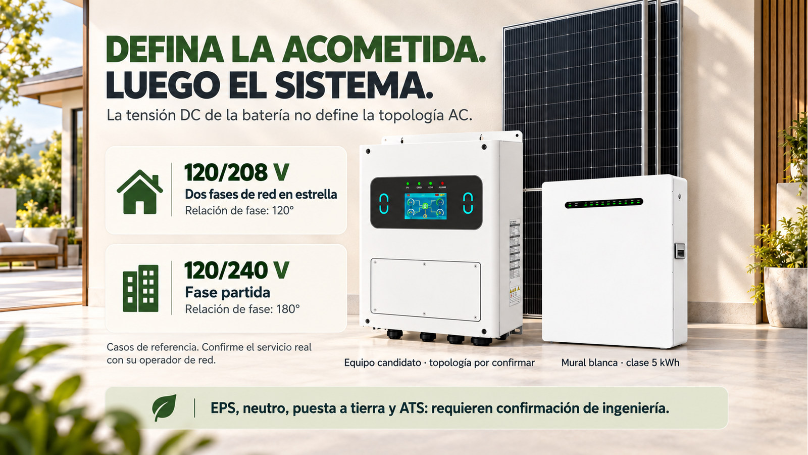 Distinción entre los casos 120/208 V de 120 grados y 120/240 V de 180 grados; equipo candidato sin compatibilidad confirmada