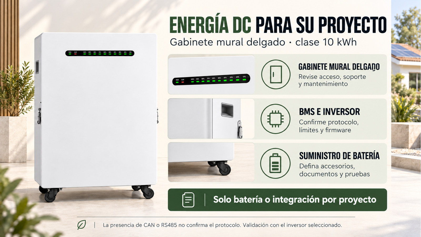 Aspectos de integración, versión y documentación de Gabinete mural delgado · clase 10 kWh