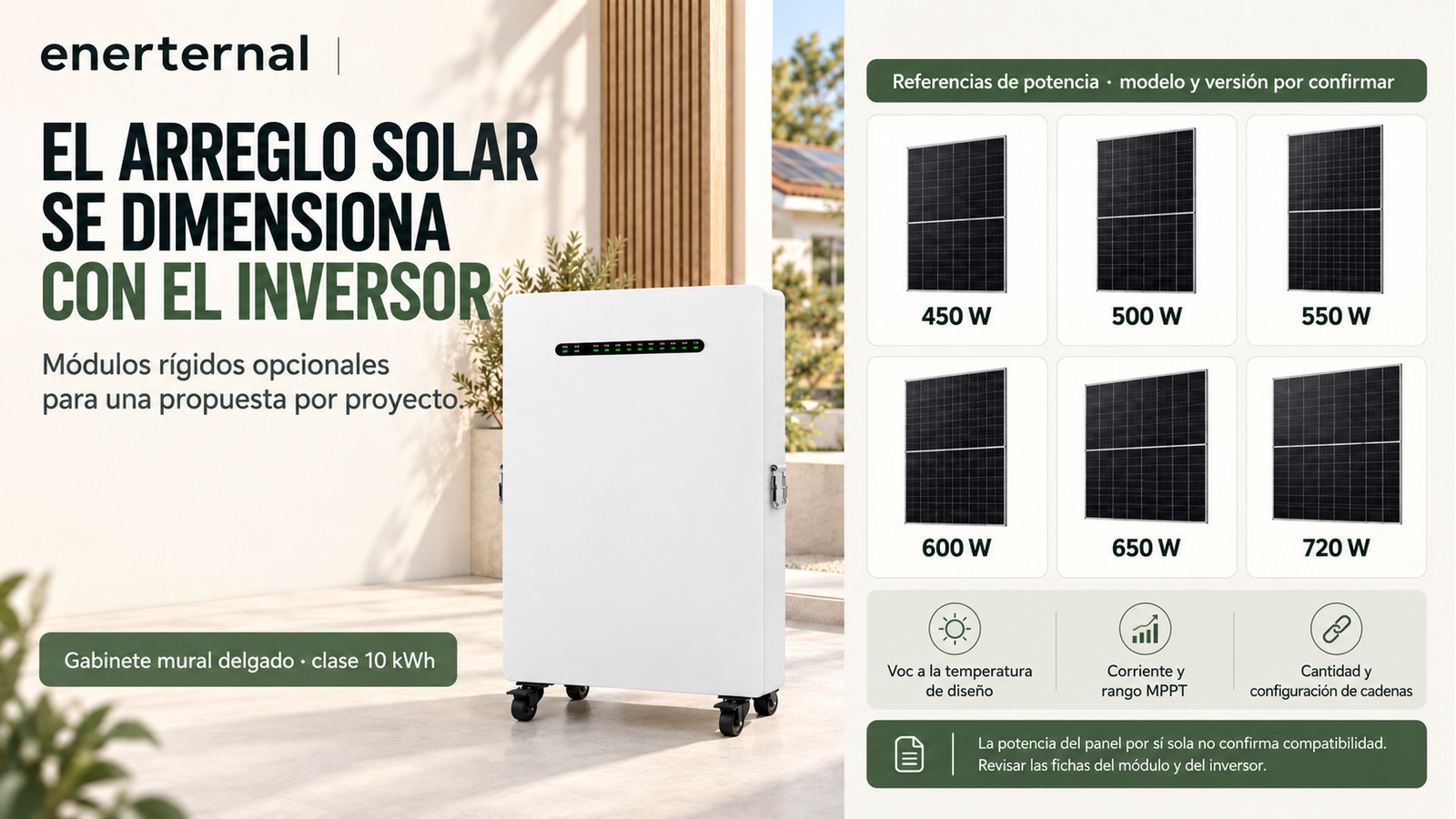Potencias de módulos fotovoltaicos opcionales; selección sujeta a la ficha del inversor