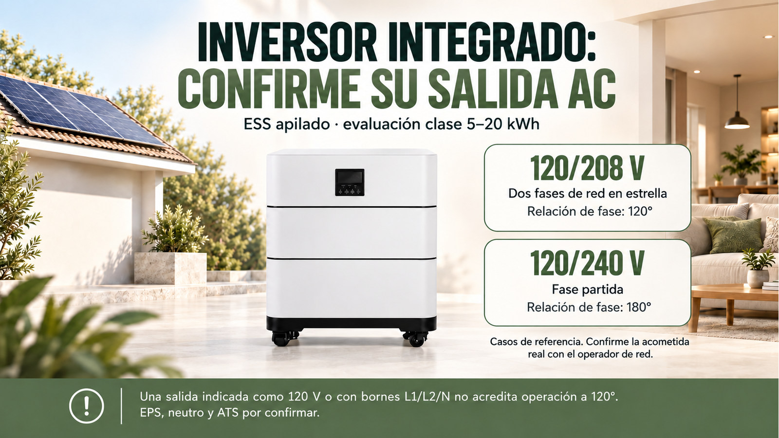 Distinción entre los casos 120/208 V de 120 grados y 120/240 V de 180 grados; equipo candidato sin compatibilidad confirmada