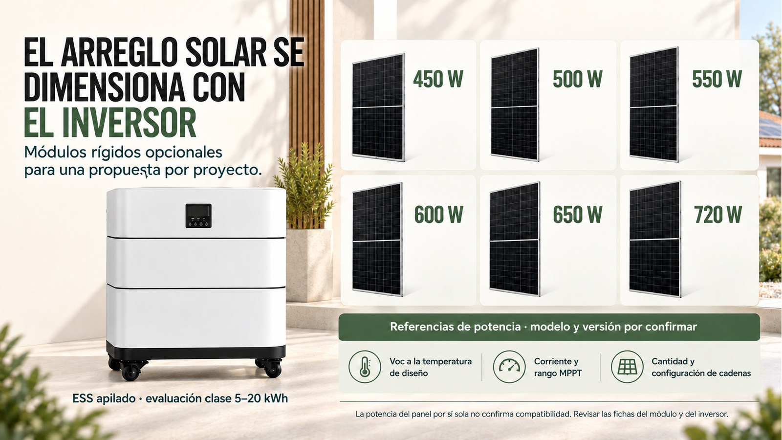 Potencias de módulos fotovoltaicos opcionales; selección sujeta a la ficha del inversor
