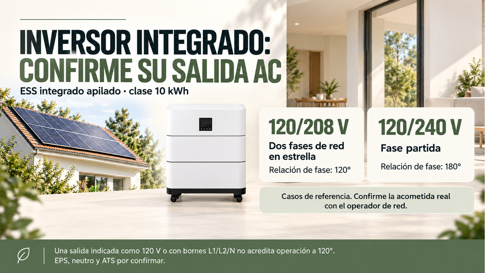 Distinción entre los casos 120/208 V de 120 grados y 120/240 V de 180 grados; equipo candidato sin compatibilidad confirmada