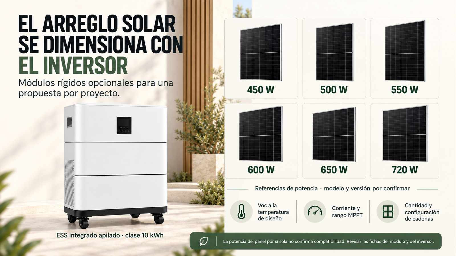 Potencias de módulos fotovoltaicos opcionales; selección sujeta a la ficha del inversor