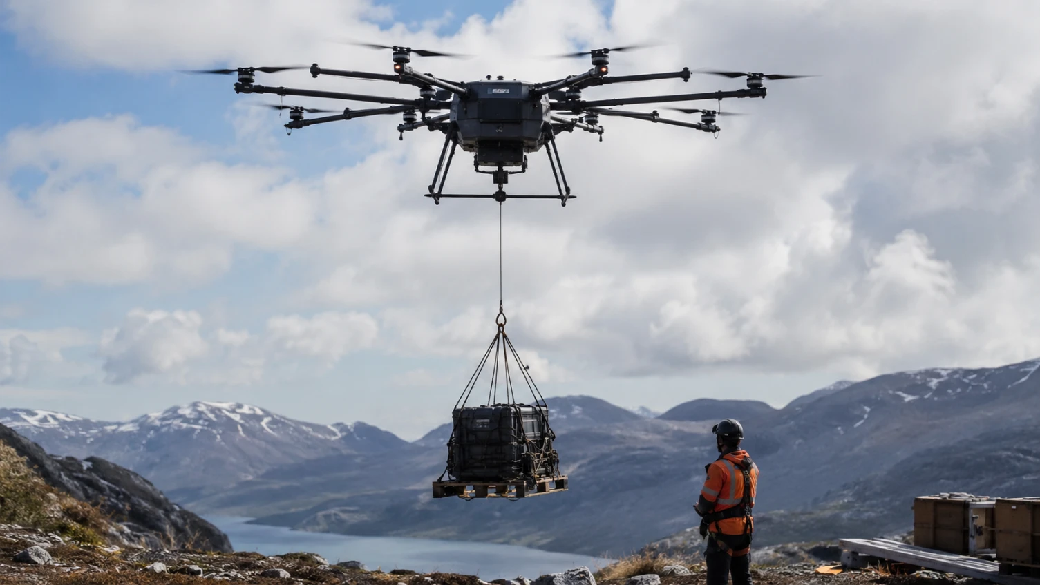 Dron de carga pesada transportando una carga suspendida